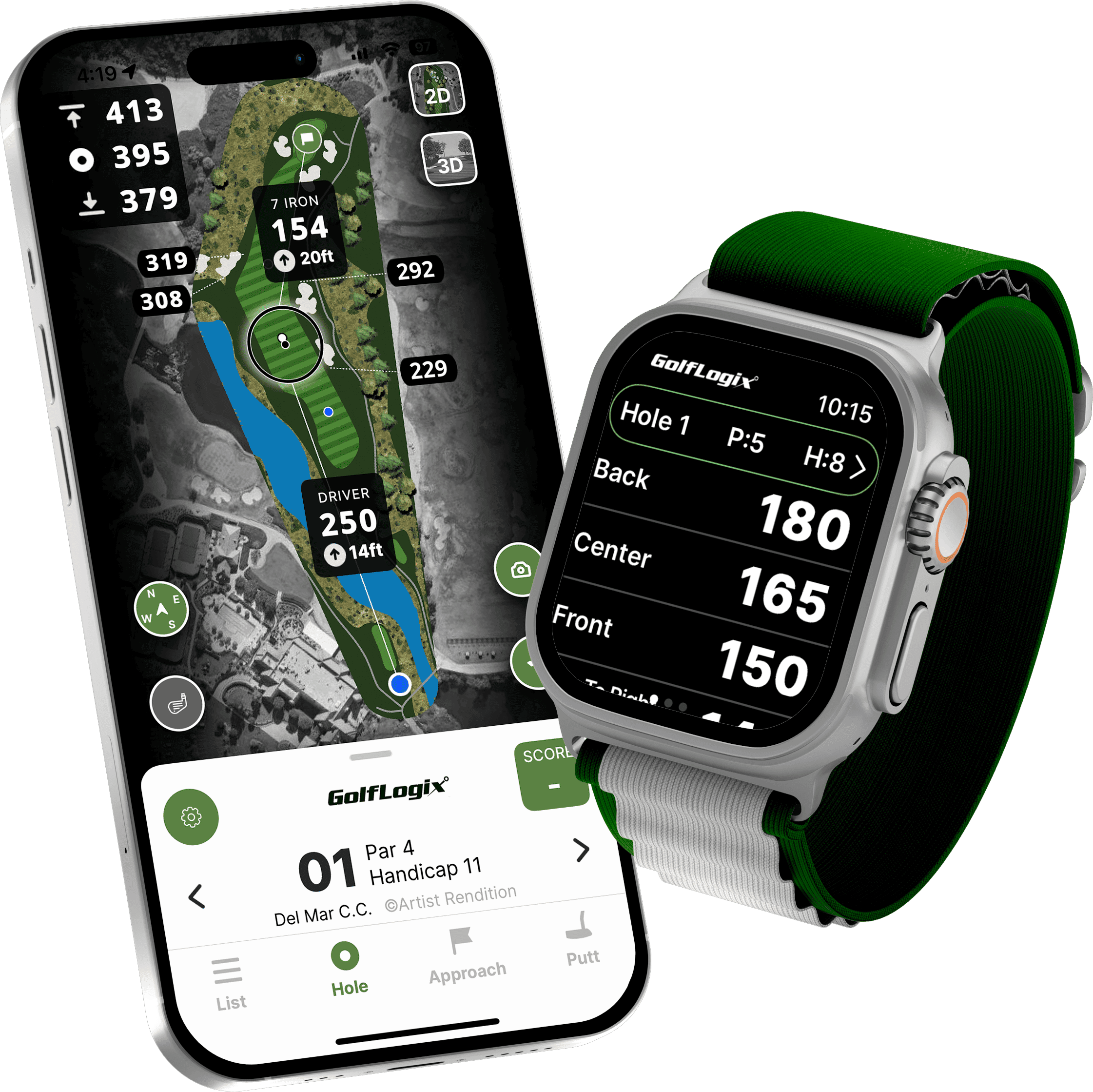 GolfLogix app on iPhone and Apple Watches